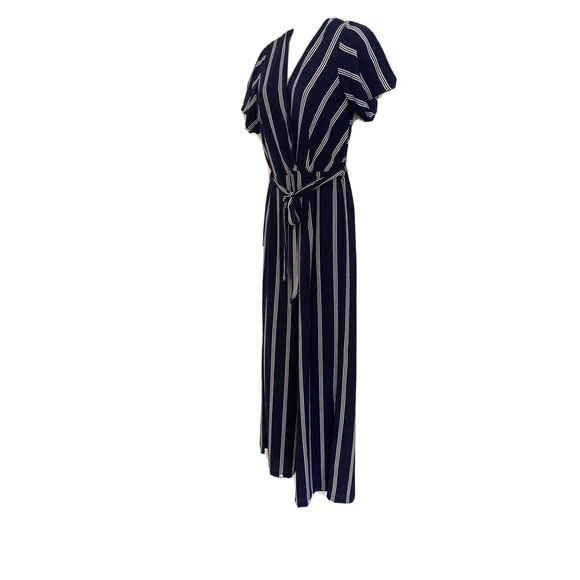 Monteau Los Angeles Sz M Blue White Stripe Casual/Lounge Jumpsuit Slit Wide Leg - Picture 2 of 10
